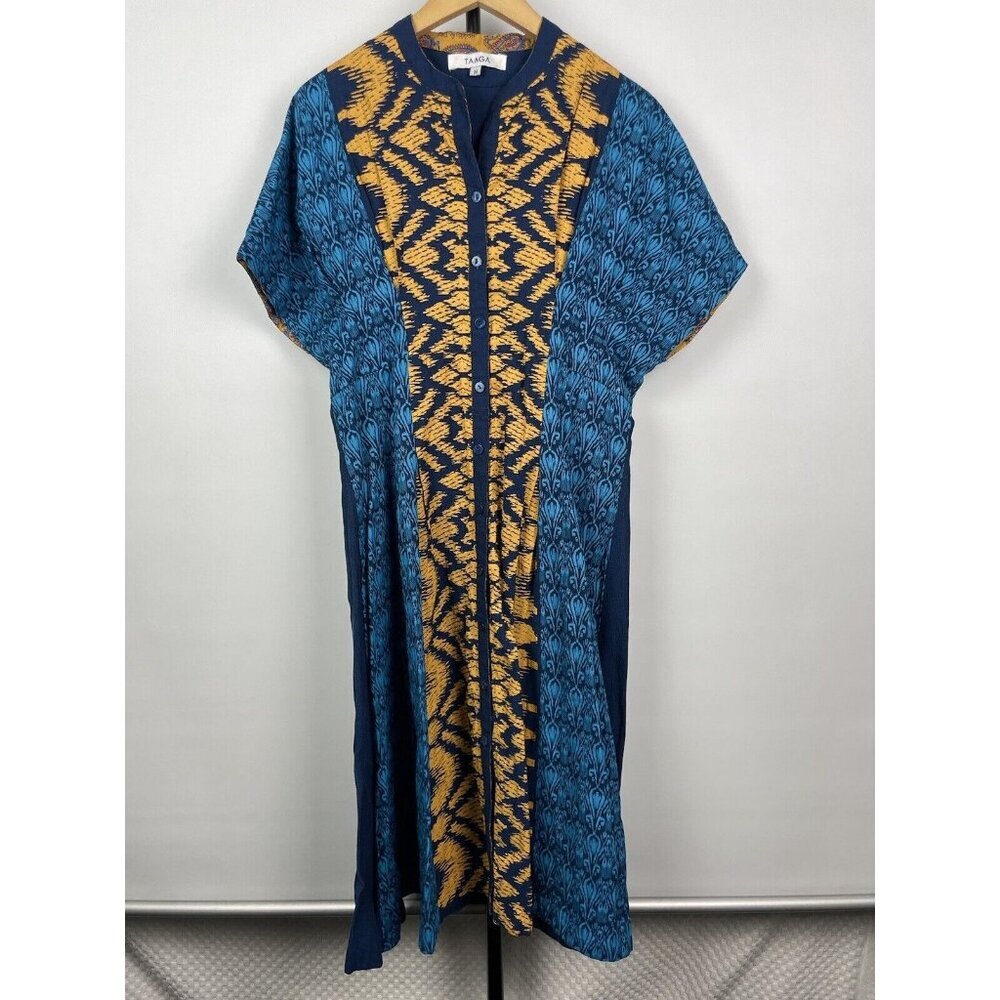 Taaga Blue Yellow Abstract Print Short Sleeve Midi Button Up Kaften Dress Size M